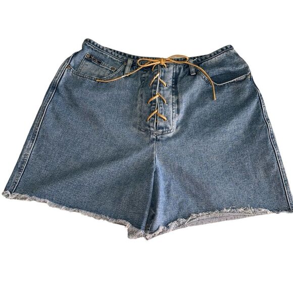 Vintage Revolt Jean Shorts Lace Up Front Size 16 Raw Hem High Waist Rigid Cotton - Picture 1 of 11
